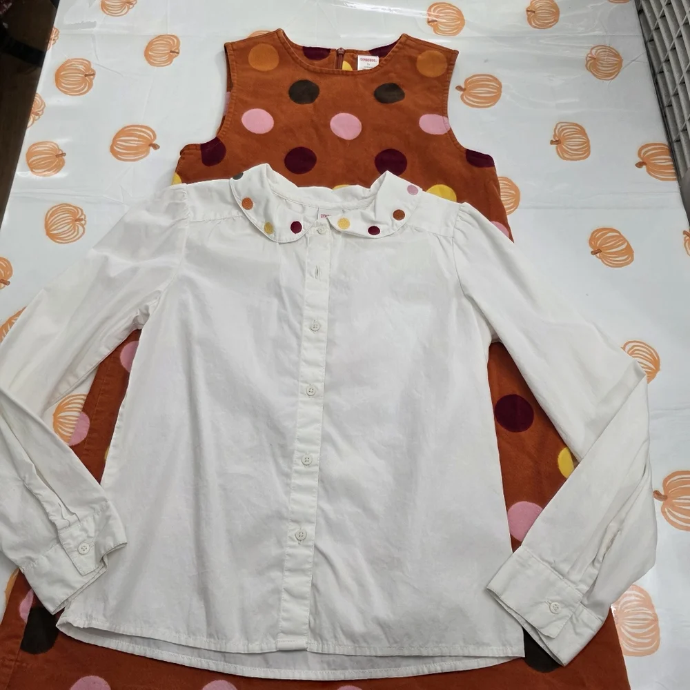 Girls Vintage Gymboree Polka Dot Pinafore Jumper Dress & Matching Shirt Size 10